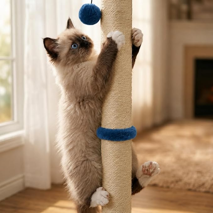 Dimaka 34" Height Tall Cat Scratching Post, Claw Scratcher with Sisal Rope and Covered with Soft Smooth Plush, Vertical Scratch [Full Strectch] Cats (Blue, 34 inches for Large Cats)