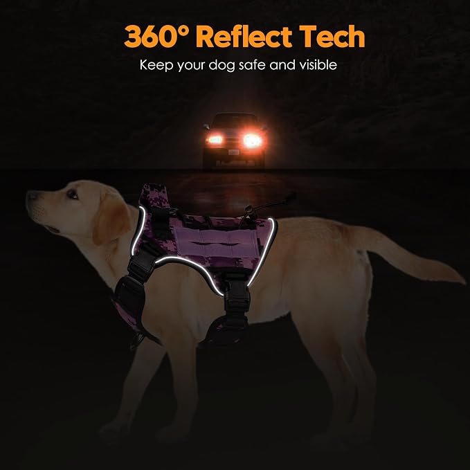 Heavy-Duty Tactical Dog Harness for Large Dogs, No Pull Adjustable Reflective Pet Vest with Molle System, K9 Military-Grade Control for Service Training, Outdoor & 10+ Breeds, Purple Camo, Medium