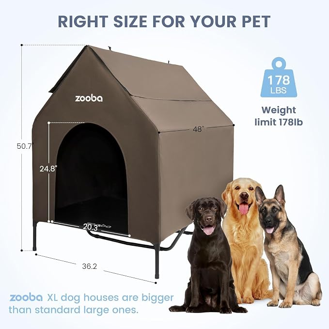 Zooba 48in XL Dog House Outdoor, Elevated Dog Bed with Canopy, Brown | Weather-resistant 600D PVC canopy, breathable 2x1 Textilene elevated bed, steel frame; indoor or outdoor; easy to clean