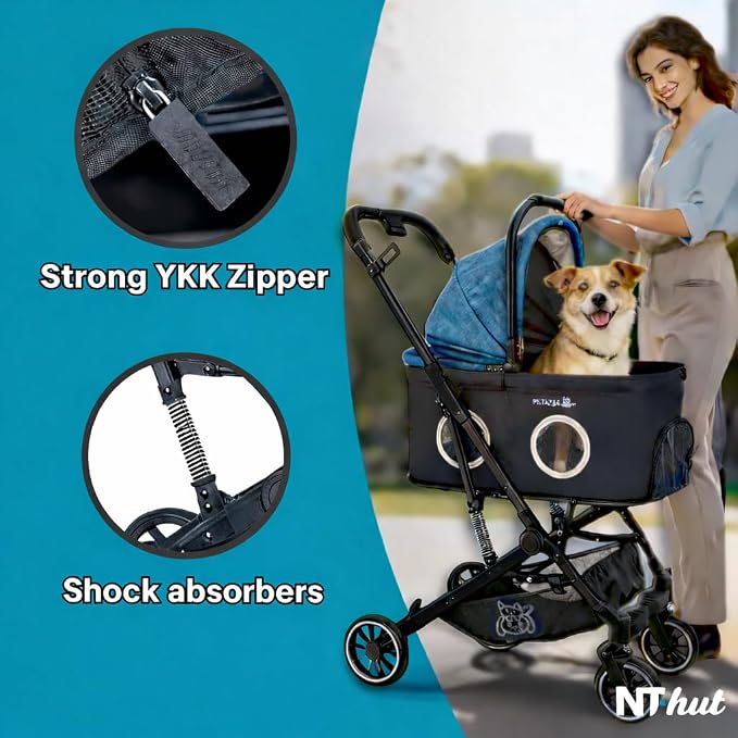 Pet Stroller for Small & Medium Dogs and Cats Up to 50 lbs, 3-in-1 Lightweight Dog Stroller with Detachable Carrier, 360° Mesh Windows, One-Click Fold, Storage Bag & Basket, Cup Holder, All-Terrain