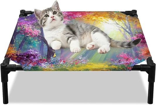 Outdoor Elevated Dog Bed for Small Dogs, Spring Tree Breathable Cooling Raised Dog Cot for Indoor/Outdoor, Forest Sunbeams Floral Botanical Waterproof Elevated Pet Beds, S 20 x 20 in