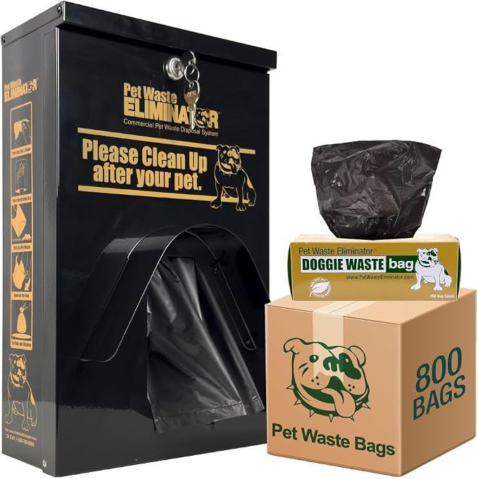 Dog Waste Station Dispenser Box - 800 FREE Dog Poop Bags - Made of Rust-Proof Aluminum - Pet Waste Bag Dispenser with Lock and Rainguard - For Commercial Use, Parks, Condos & HOA (Black)