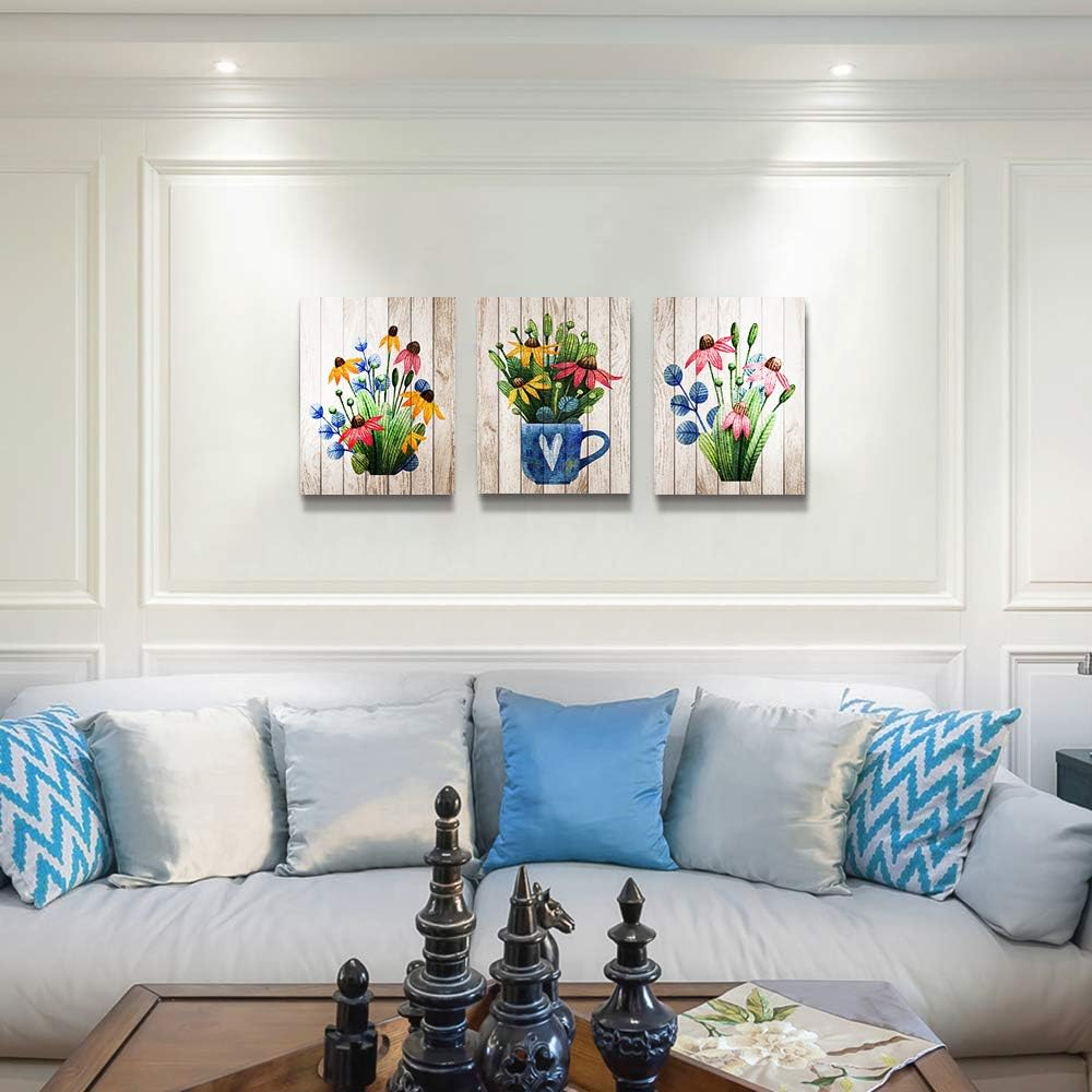 Vintage Wood grain plant flowers wall art for kitchen Wall Decorations for Living Room Bathroom Decorations room Wall decor 3 Pieces Framed Canvas print Artwork modern Office Home Decor paintinge