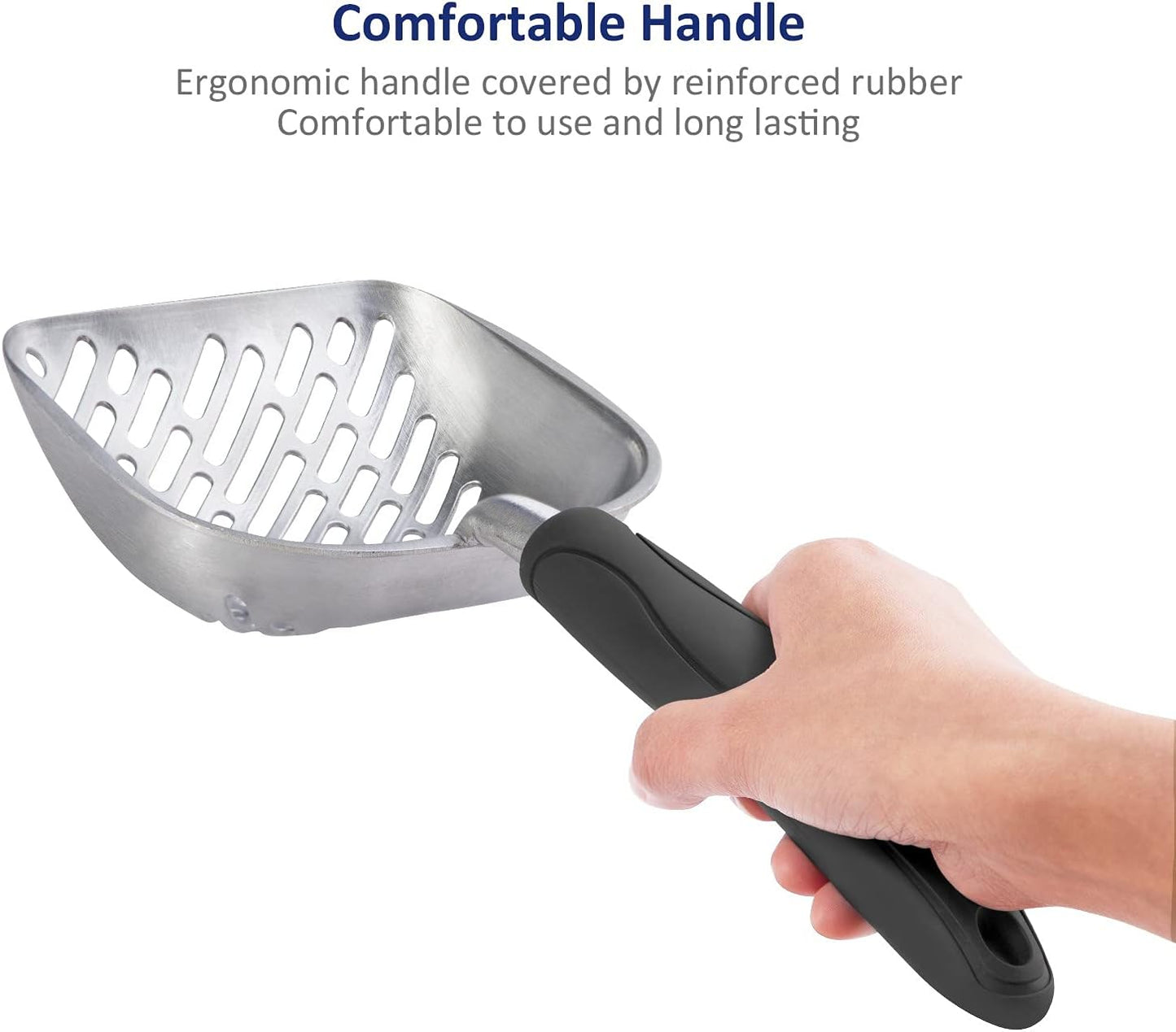 WePet Cat Litter Scoop, Aluminum Alloy Sifter, Kitty Metal Scooper, Deep Shovel with Diagonal Sifting Hole, Long Handle, Kitten Poop Lifter for Litter Box, Large Size, Black Handle