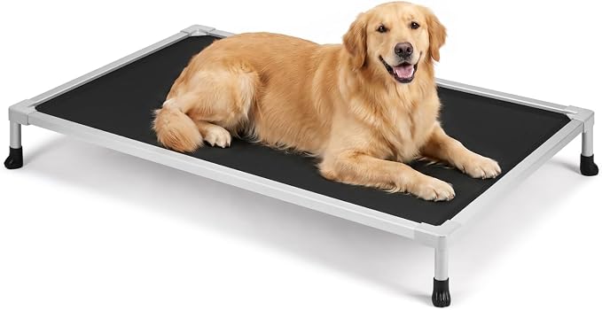 Veehoo Chew Proof Elevated Dog Bed, Silver Aluminum Dog Cot, Pre-Assembled | Cooling Raised Dog Bed for Large Dogs, Indestructible Dog Bed for Crate, Breathbale, Non-Slip Feet, Indoor Outdoor