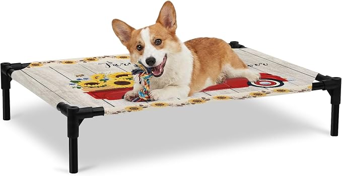 Outdoor Elevated Dog Bed for Large Dogs, Sunflowers Breathable Cooling Raised Dog Cot for Indoor/Outdoor, Country Botanical Bees Red Truck Wooden Plank Waterproof Elevated Pet Beds, L 28 x 22 in