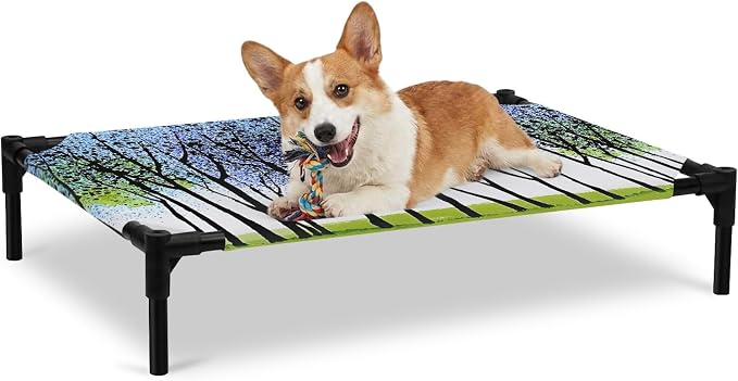 Outdoor Elevated Dog Bed for Large Dogs, Blue Green Forest Breathable Cooling Raised Dog Cot for Indoor/Outdoor, Modern Nature Tree Branch Landscape Waterproof Elevated Pet Beds, L 28 x 22 in