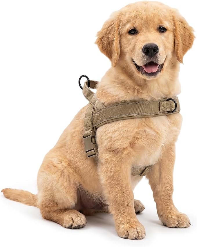 No-Pull Dog Harness with Handle, Adjustable Reflective Pet Vest Tactical Harness for Small Medium Large Dogs Walking Training, Front Clip, Escape Proof & Heavy Duty D-Ring (Khaki, S)