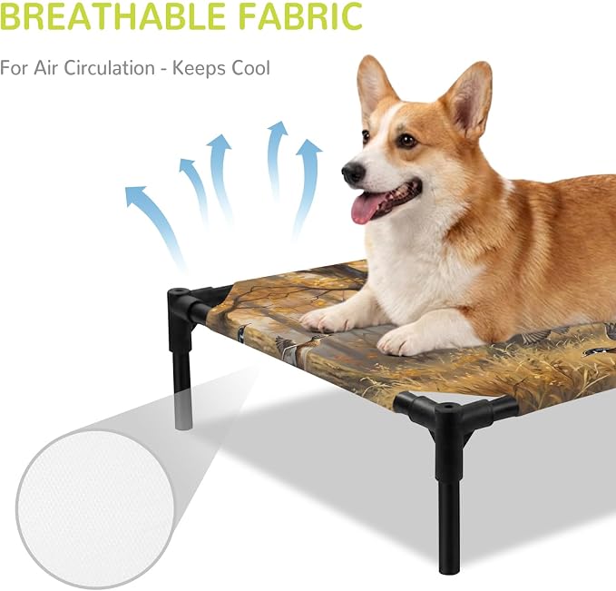 Outdoor Elevated Dog Bed for Medium Dogs, Brown Deer Birds Breathable Cooling Raised Dog Cot for Indoor/Outdoor, Autumn Forest Trees Grass Natural Scenery Waterproof Elevated Pet Beds, M 24 x 20 in