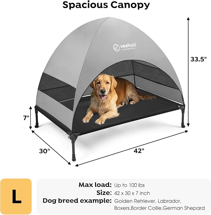 Veehoo Outdoor Dog Bed with Canopy, Cooling Elevated Dog Shade for Outside | Portable Raised Dog Cot with Removable Shade, Sun Protection Dog Tent Outdoor for Camping, Beach, 42" x 33.5", Black
