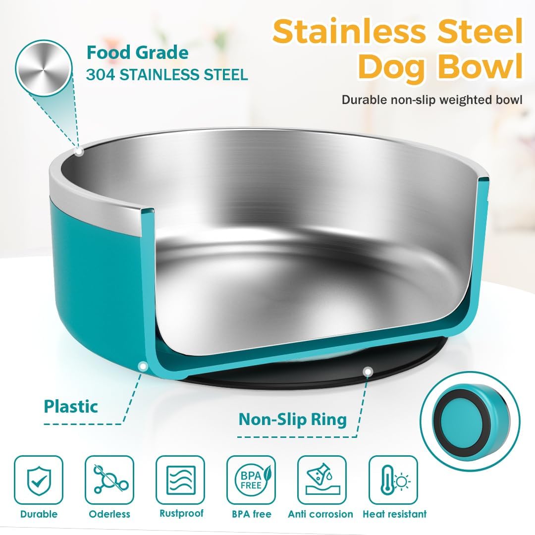 IKITCHEN Dog Bowl for Food and Water, 40 Oz Stainless Steel Pet Feeding Bowl, Durable Non-Skid Double Wall Insulated Heavy Duty with Rubber Bottom for Medium Large Dogs (40 Ounces/5 Cup, Lakeblue)