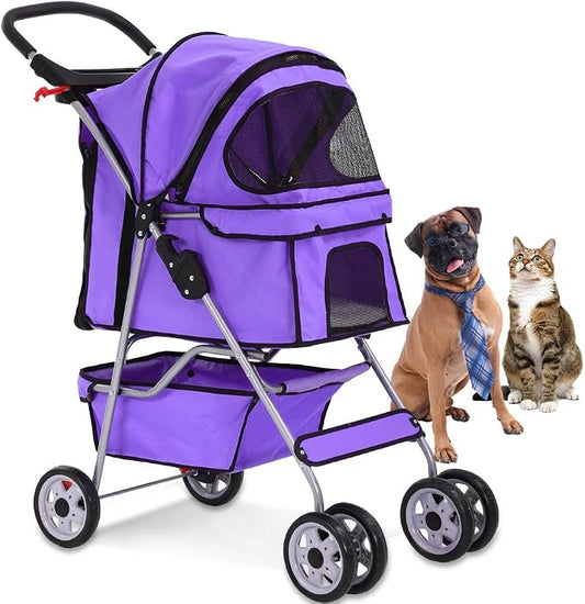4 Wheels Pet Stroller Cat Dog Cage Stroller Travel Folding Carrier with Cup Holders and Removable Liner for Small-Medium Dog, Cat (Purple)