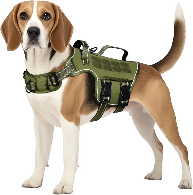 Dog Harness Medium Sized Dog, No Pull Dog Vest with Molle System | Tactical, Easy Control With Handle, Breathable Soft Padded, Adjustable, Reflective, No Choke for Walking, Green Medium