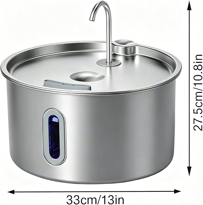 12L/3.17Gal Dog Water Fountain Stainless Steel | 6 Filters Pet Fountain Water Bowl for Large Dogs Multi-Pet Dispenser Water Visible Window & LED Light Alert