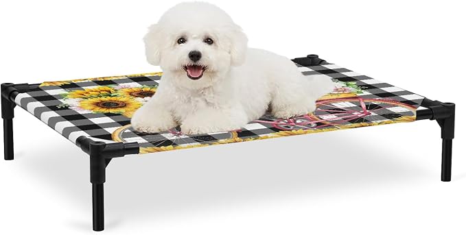 Outdoor Elevated Dog Bed for Medium Dogs, Sunflowers Bicycle Breathable Cooling Raised Dog Cot for Indoor/Outdoor, Summer Budding Botanical Floral Lattice Waterproof Elevated Pet Beds, M 24 x 20 in