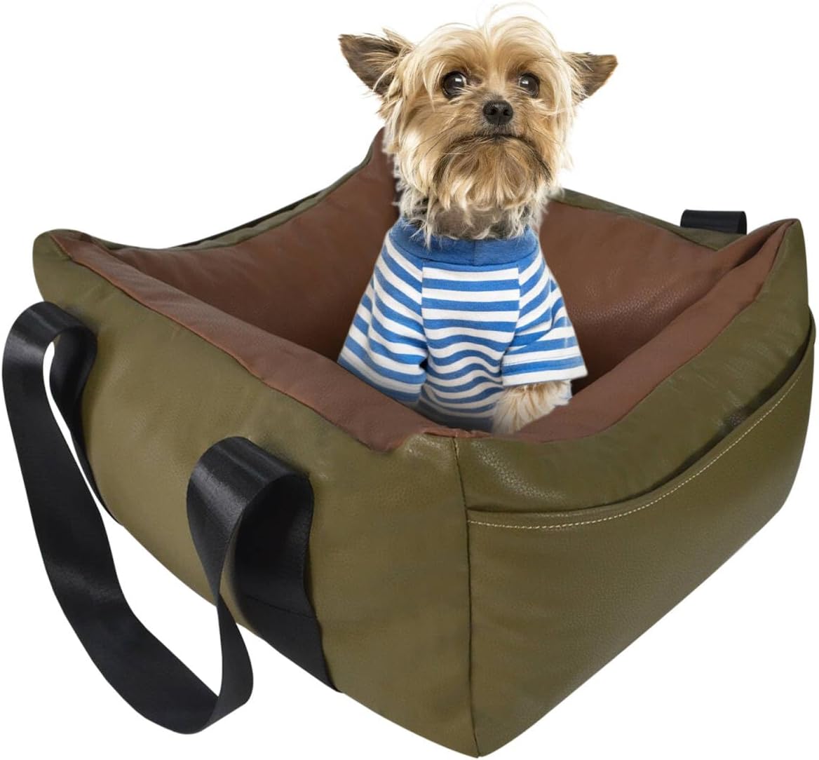 Dog Car Seat for Small Dogs, Large Leather Dog Car Bed with Storage Pocket, Waterproof PVC Leather Booster Seat Travel Bed for Front & Back Seat, Clip-On Safety Leash (Green/Brown)