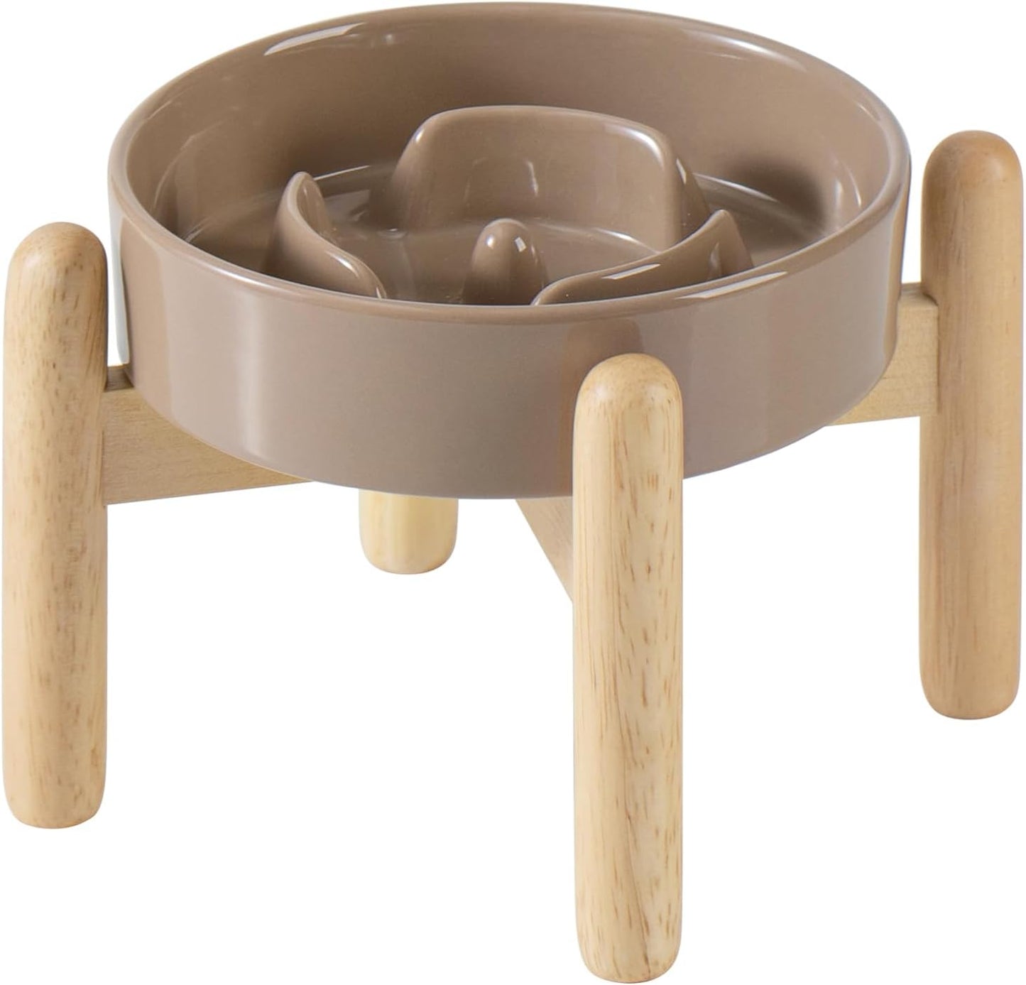 6.1inch Ceramic Raised Slow Feeder Set, Elevated Bowl with Wooden Stand for Small Dog and Cat, Puzzle Slow Dog Food Dish, Preventing Choking(Brown Coffee, Single Bowl+ Stand)