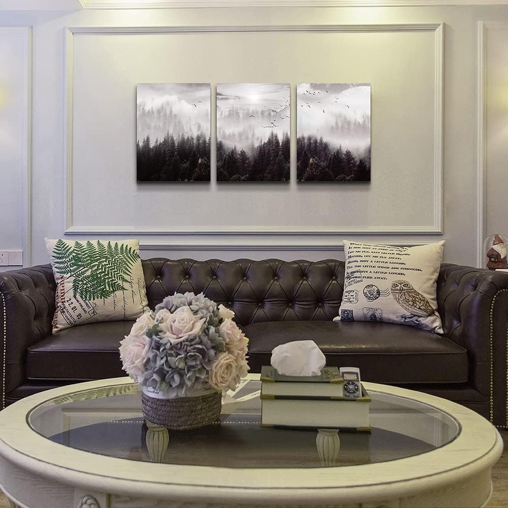 Framed Canvas Art - Boho Wall Decor Set of 3: Foggy Forest Trees Scenery for Living Room, Bedroom, Office, Farmhouse, Home Decoration