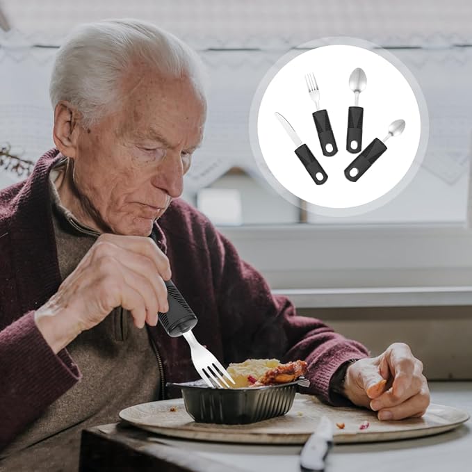 Healifty Adaptive Utensils Set for Elderly: 4 Piece Weighted Silverware for Hand Tremors, Elderly Seniors, Arthritis Grip Aids. Stainless Steel Fork, Spoon, Knife Tableware Kit