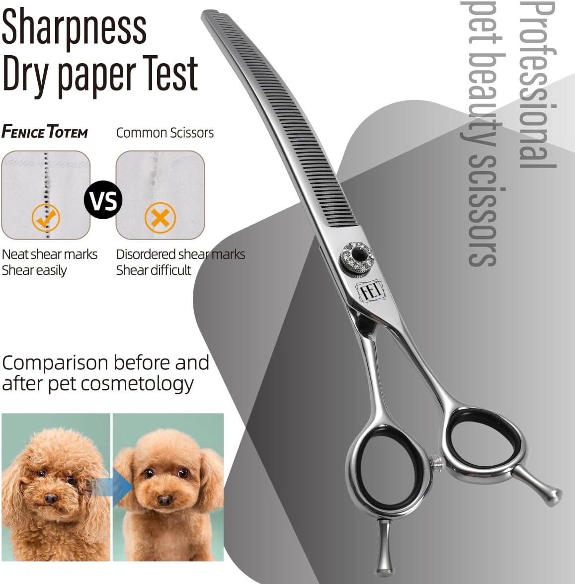 Dog Grooming Scissors: 7.0 inch Professional Pet Curved Thinning Shears Made Of Japanese 440C Advanced Stainless Steel for Dogs Cats and Other Pets
