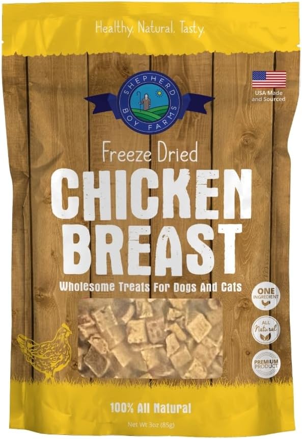 Shepherd Boy Farms Freeze Dried Dog and Cat Treats, Chicken Breast, All Natural Freeze-Dried Dog Treat & Snacks, Made in USA, High in Protein, Nutrition of Raw Food, Single Ingredient, 3oz