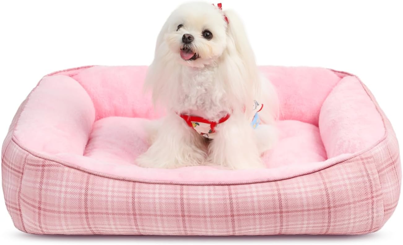 MIHIKK Rectangle Dog Beds for Small Dogs & Cats, Orthopedic Sleeping Pet Bed for Couch with Durable Puppy Cuddler and Anti-Slip Bottom Machine Washable 20 * 18 Inch (Pink)