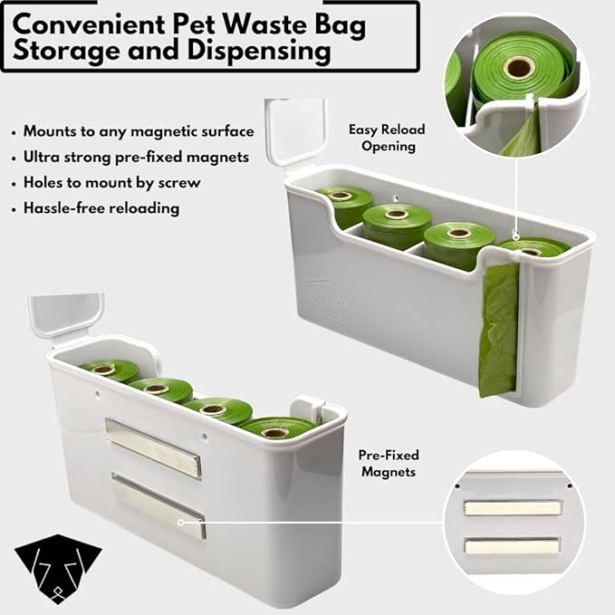 Skylar Pet Products - Dog Poop Bag Dispenser - Magnetic Mount - Indoor/Outdoor - Wall Mount - Waste Bag Dispenser - Magnet - Screw-on - Storage - Container + 60 Waste Bags (Storm White)