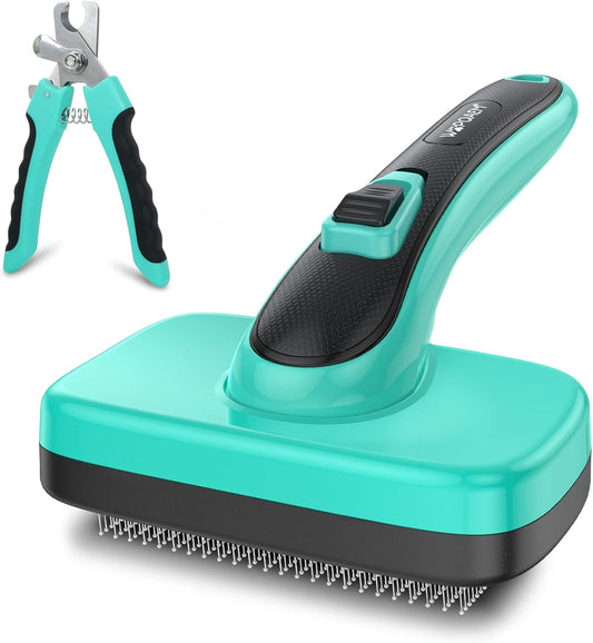 Pet Brush Kit for Grooming, Dog Self-Cleaning Slicker Brush + Nail Clippers Set for Shedding Long Short Haired Cats. Removes Loose Fur, Undercoat, Mats, Tangled for Most Hair Types & Size