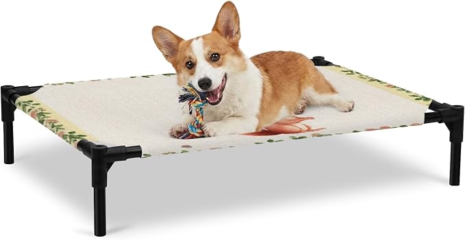 Outdoor Elevated Dog Bed for Large Dogs, Country Squirrels Breathable Cooling Raised Dog Cot for Indoor/Outdoor, Farmhouse Rustic Flower Leaf Plant Beige Waterproof Elevated Pet Beds, L 28 x 22 in
