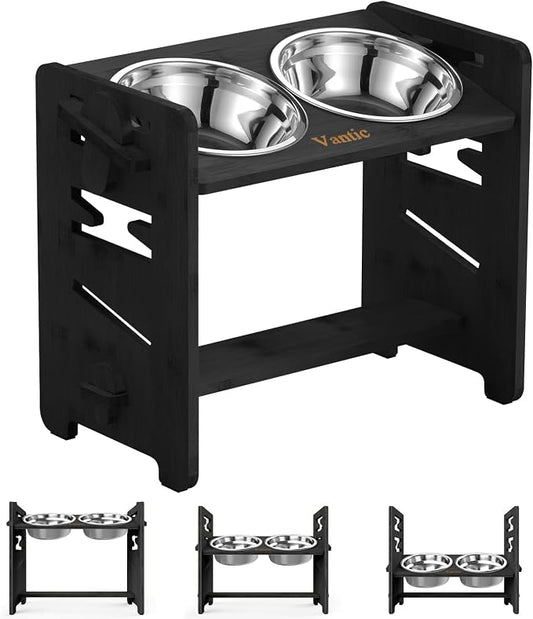 Elevated Dog Bowls, Raised Dog Bowl Stand Adjustable Medium, Black | Bamboo Elevated Feeder with 2 Stainless Steel Bowls, Adjustable Height Stand for Medium Dogs