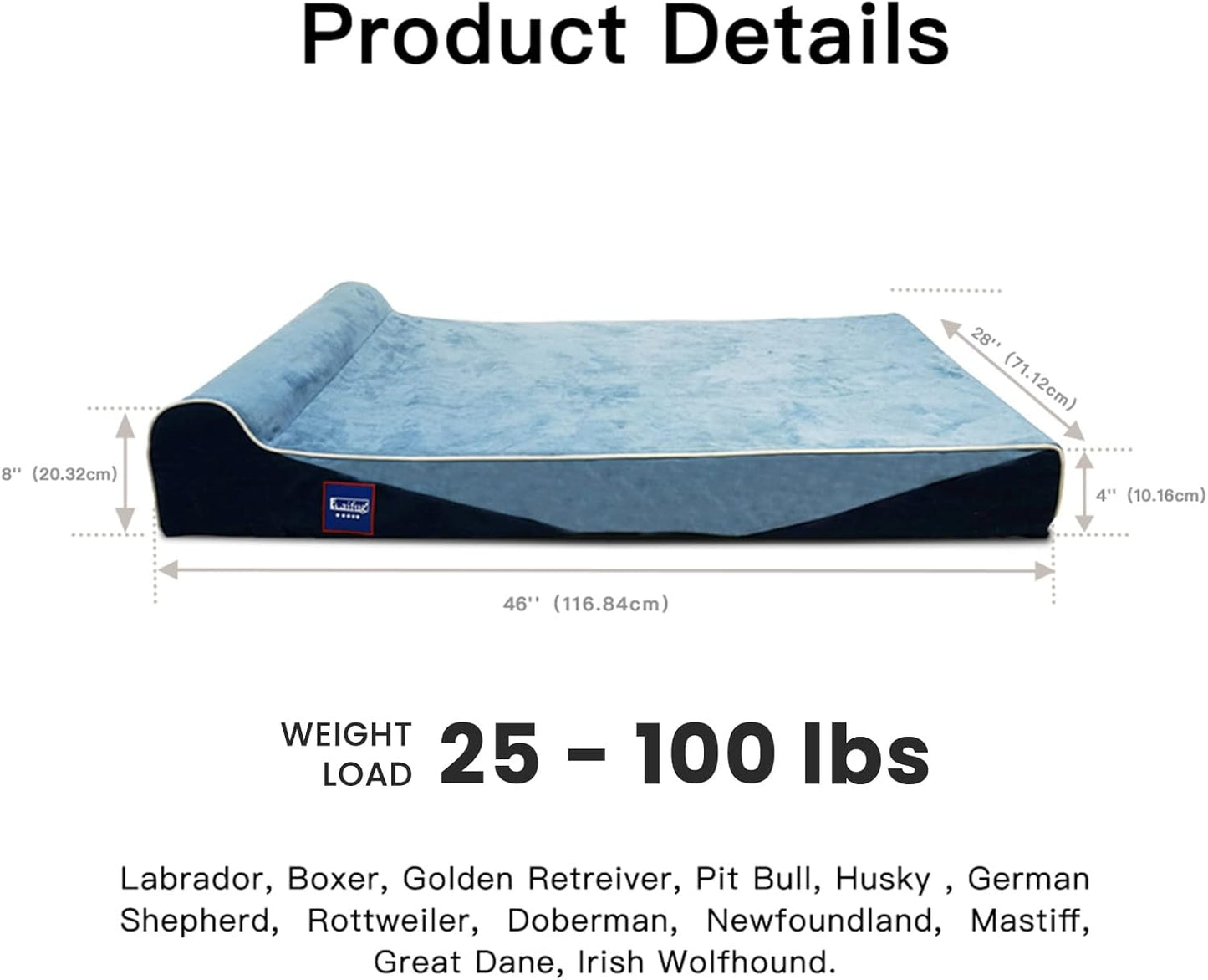 Laifug Orthopedic Memory Foam Dog Bed with Durable Water Proof Liner and Removable Washable Cover (Large (46"x28"x8"), Denim Blue)