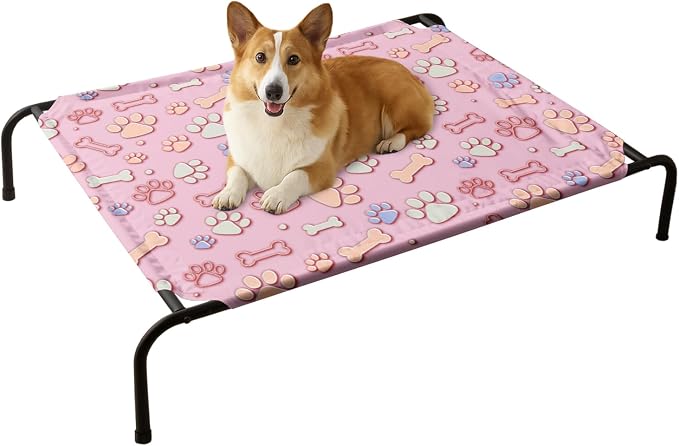 QOOMO Elevated Dog Bed with Cooling Fabric, Pet Cot for Small and Big Dogs, Indoor and Outdoor Use, Joint Relief, Cute Printed Cushion Included (Pink Paw Prints, 35.43" L*25.59" W*8.27" Th)