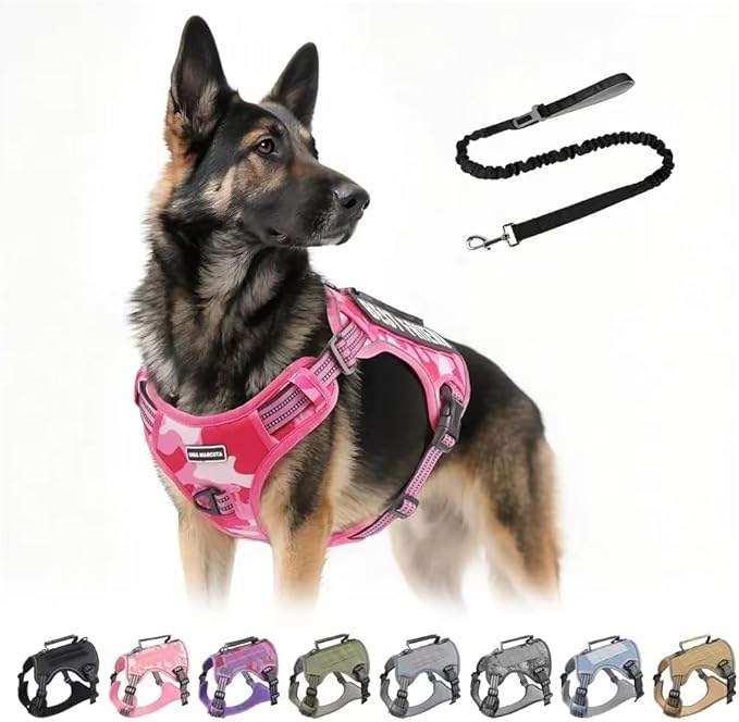 Tactical Dog Harness with Leash for Large Dogs, No Pull Adjustable Dog Harness, Reflective K9 Working Pet Vest for Walking, Training (Fuchsia Camo, S)