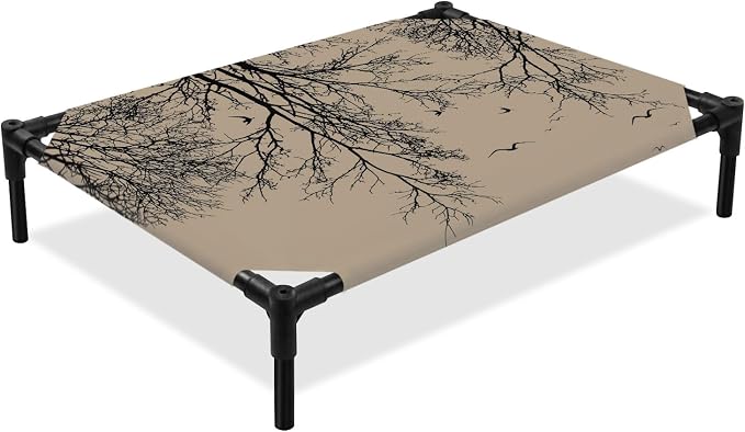 Outdoor Elevated Dog Bed for Large Dogs, Brown Black Branches Breathable Cooling Raised Dog Cot for Indoor/Outdoor, Botanical Dead Tree Birds Waterproof Elevated Pet Beds, L 28 x 22 in