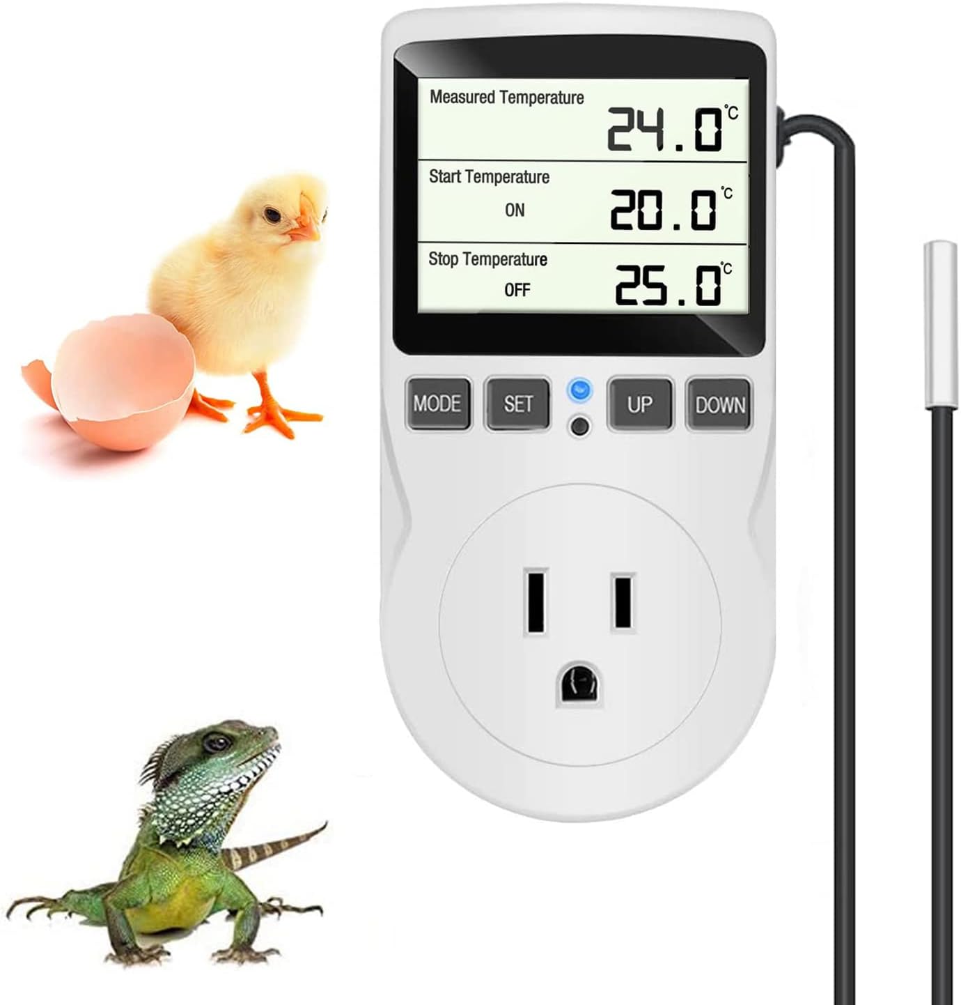 KABASI Digital Temperature Controller, LCD Screen Heating Cooling Reptile Thermostat with Sensor Probe for Snake, Lizard, Incubator, Brewing, Incubator, Greenhouse, Terrarium ℉/℃ 15A 1800W 120V