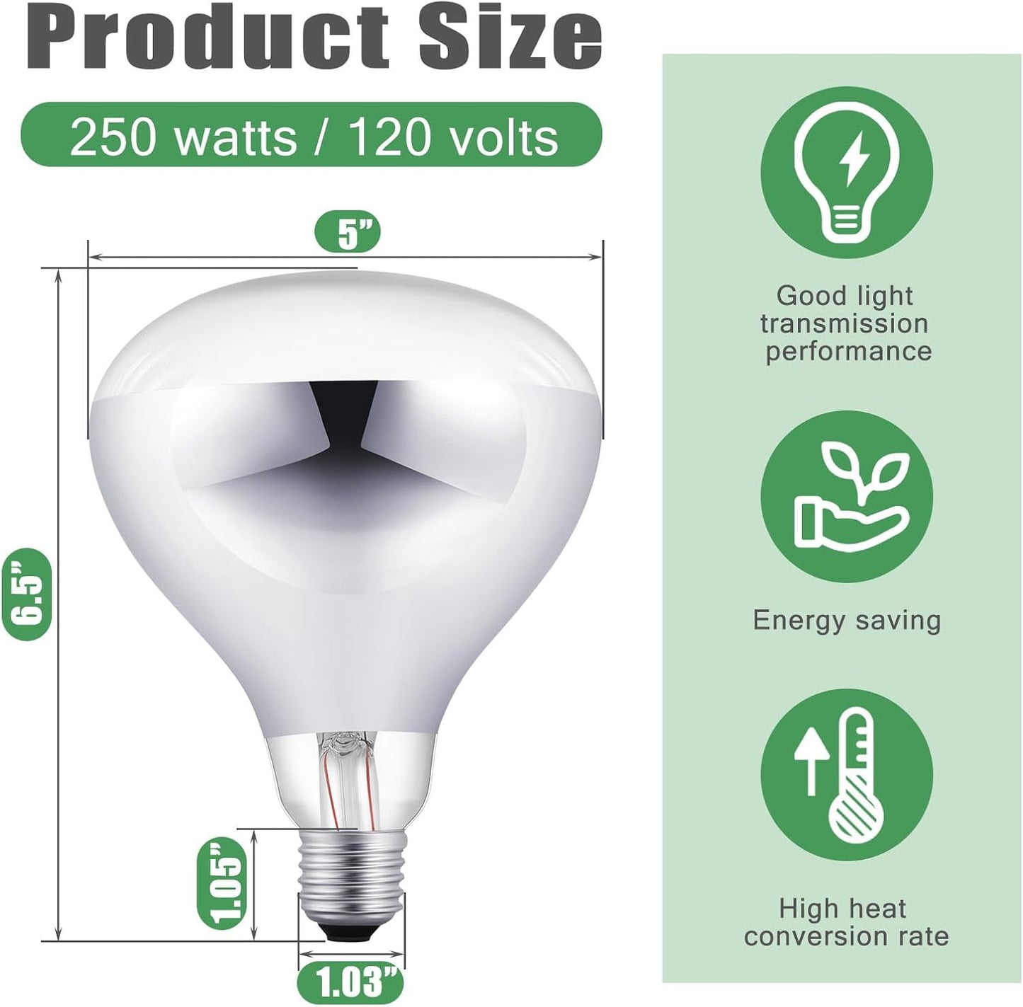 VIHOSE 6 Pack 250 Watt Heat Lamp 120v R40 Heat Lamp Bulbs Glass Incandescent Light Bulbs Incandescent Heating Lightbulbs for Reptiles Chicks Food Puppies Bathroom, Use E26 Base (Silver)