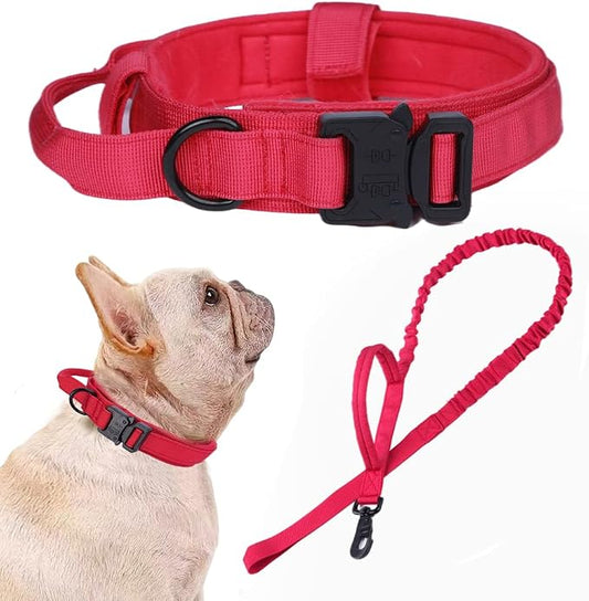 Tactical Dog Collar and Leash Set for Large Dogs with Control Handle,Red | 1000D Heavy-Duty Nylon Fabric,Quick-Release Metal Buckle,Adjustable Fit,Soft-Padded Webbing,D-Ring,for Training & Hiking,S