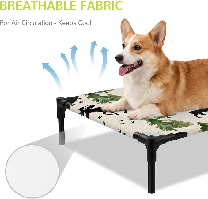 Outdoor Elevated Dog Bed for Medium Dogs, Black Green Moose Breathable Cooling Raised Dog Cot for Indoor/Outdoor, Modern Animals Trees Rustic Waterproof Elevated Pet Beds, M 24 x 20 in