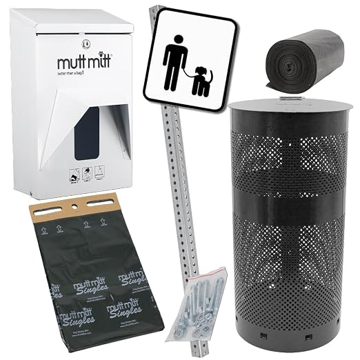 Mutt Mitt® Aluminum Dog Waste Station - Gloss White/Black | Singles | Complete aluminum station with 400 header bags, 25 liners, 12-gal can, locking dispenser, post & hardware included