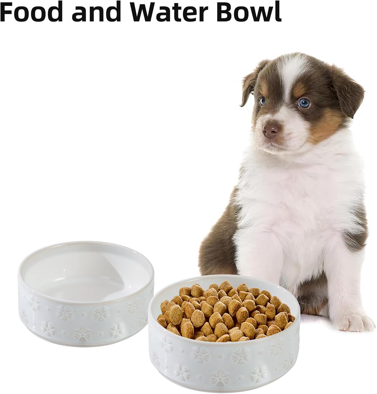 Ceramic 5.1inch Set of 2 Dog and Cat Bowls for Puppy, Kitty, Cats, 2pcs Anti-Slip Food and Water Pet Feeder(2 Bowls, Arctic White)