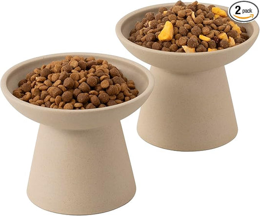 CEEFU Extra Wide Elevated Ceramic Cat Bowl, 6.2" Shallow Dish for Whisker Fatigue Relief, 5" Height for Easy Feeding, Durable Raised 2 Cat Food Bowls, Pottery Clay (Not Glazed)