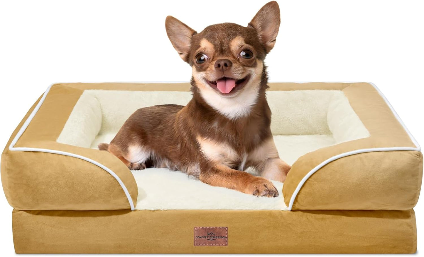 Comfort Expression Small Dog Beds Waterproof Orthopedic Foam Dog Sofa Beds for Small Dogs Comfy Pet Bed with Washable Removable Cover & Non-Slip Bottom(X-Small,Khaki)