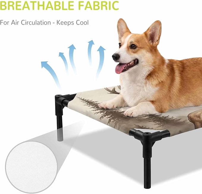 Outdoor Elevated Dog Bed for Large Dogs, Brown Elk Breathable Cooling Raised Dog Cot for Indoor/Outdoor, Farm Pine Forest Tree Wildlife Rustic Waterproof Elevated Pet Beds, L 28 x 22 in