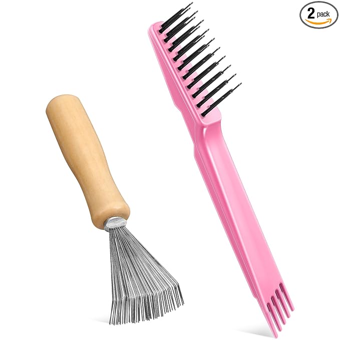 Boao 2 Pack Hair Brush Cleaning Tool,2-in-1 Comb Rake and Brush Cleaner for Removing Hair,Dust and Buildup,Mini Hairbrush Accessory for Home&salon(Pink, Wood Color,Polished Wooden Handle Rake)