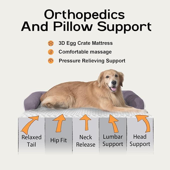 Orthopedic Waterproof Dog Bed with Bolster for Extra Large Size Dogs | Pillow Support for Neck Relief, Egg Crate Foam, Waterproof Liner, Anti-Slip Bottom, Removable Bolster Cover, 48 x 33 Inch