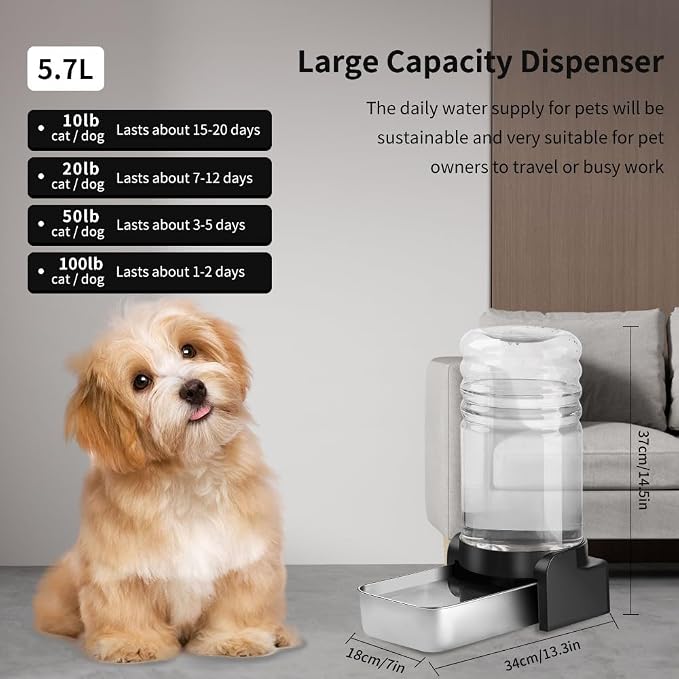Marchul 1.5 Gallon Cat Water Dispenser, Automatic Gravity Dog Water Feeder, Stainless Steel Large Capacity Cat Waterer for Cats and Small Dogs (3 Filters)