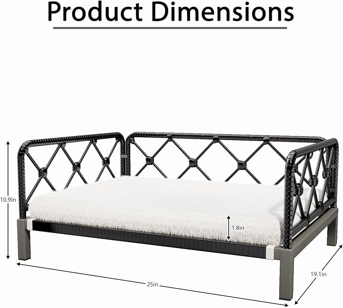 Indoor & Outdoor Dog Bed, Elevated All-Weather Wicker Pet Sofa with Washable Waterproof Cushion, Durable Rattan Dog Couch for Small Dogs, Black Rattan/White Mat