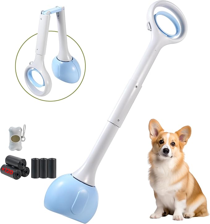 Dog Pooper Scooper Portable with Bag Attachment, One Handed Foldable Design, Includes 120 Waste Bags and Dispenser, 28 Inch Handle for Grass Yard Gravel Cleanup (Blue)