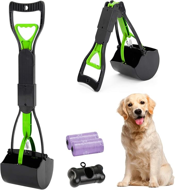 24 Inch Portable Dog Pooper Scooper for Large Small Dogs | Foldable Dog Poop Scoop with Waste Bag Dispenser & 30 Bags, Grass Friendly, Plastic, Grass Friendly, Easy to Use Lever