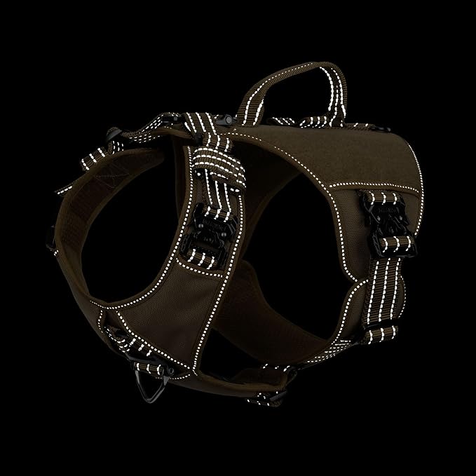 ICEFANG Quick-Moving Tactical Dog Harness for Large Dogs,No Pull Dog Vest | Control Handle,Reflective,Full Metal Buckles,Adjustable,Hook-and-Loop Panel,Soft Padded,Brown,Large